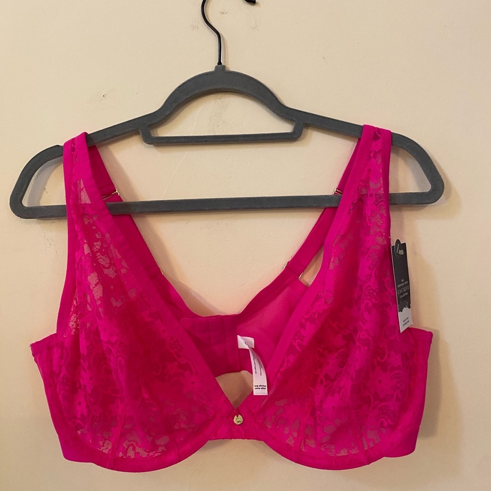 Cacique Vibrant Pink Lace High Apex Plunge Bra 42DD NWT